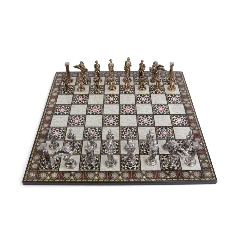 Medium Mythologic Pegasus Metal Chess Set for Adults, Handmade Pieces and Mosaic Design Wooden Chess Board King 8 cm