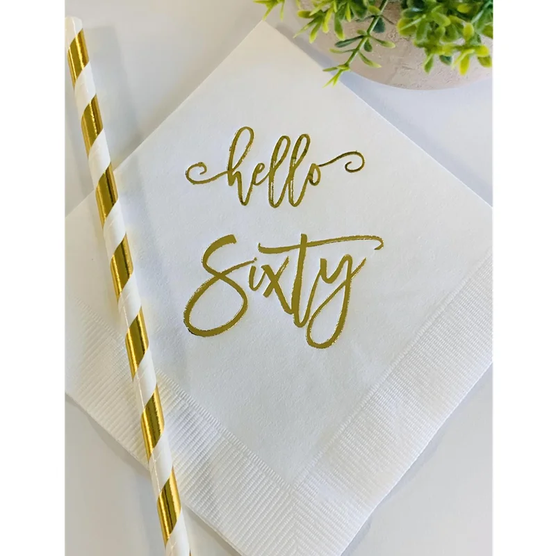 

Custom Hello Sixty White w/Metallic Gold Foil Cocktail Beverage Napkins 3 Ply Happy Birthday 60th Hello 60 Metallic Gold Foil