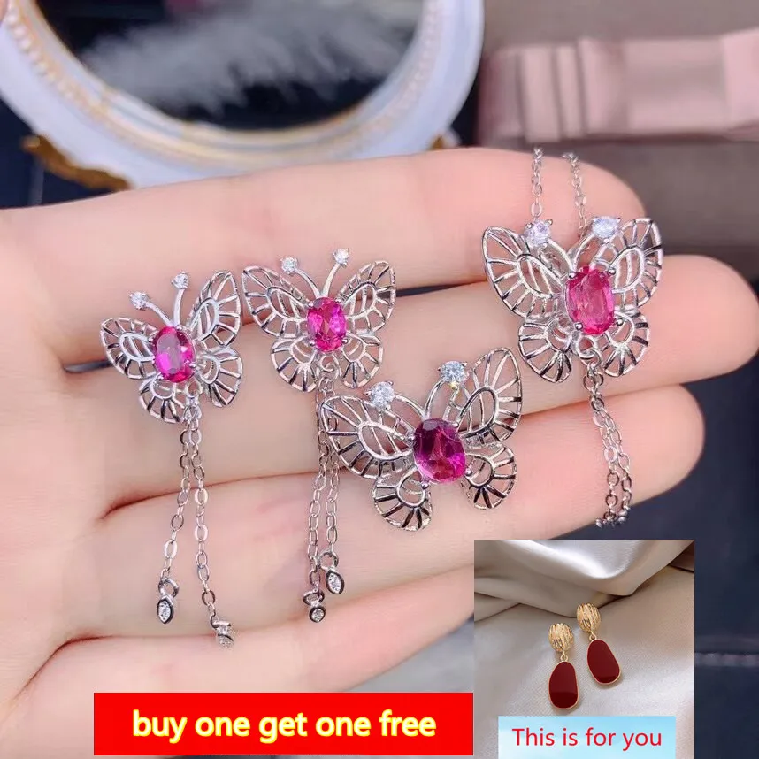 

Popular Natural Topaz Jewelry Set 925 Sterling Silver Inlaid Pink Gem Women's Butterfly Pendant Necklace Earring Ring Party Gift