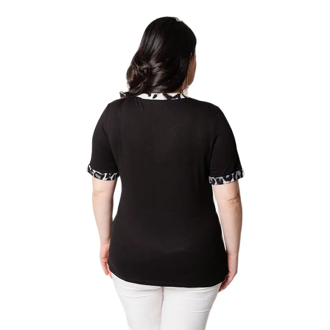 Women’s Plus Size V-Neck Leopard Print Pocket Detail Black Blouse, Designed and Made in Turkey, New Arrival