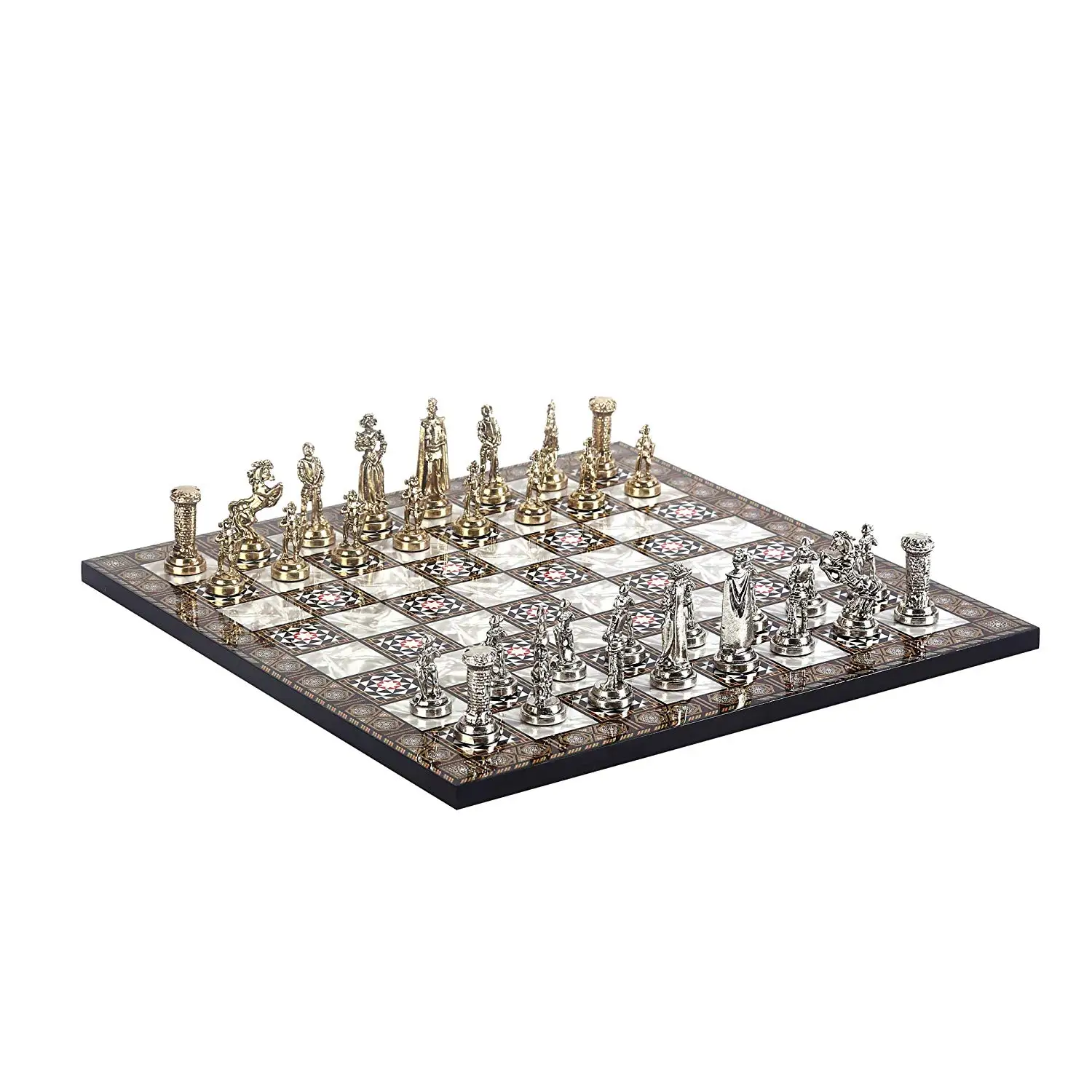 Medieval British Army Metal Chess Set for Adult,Handmade Pieces and Mother-of-Pearl Patterned Wood Chess Board King 7 cm