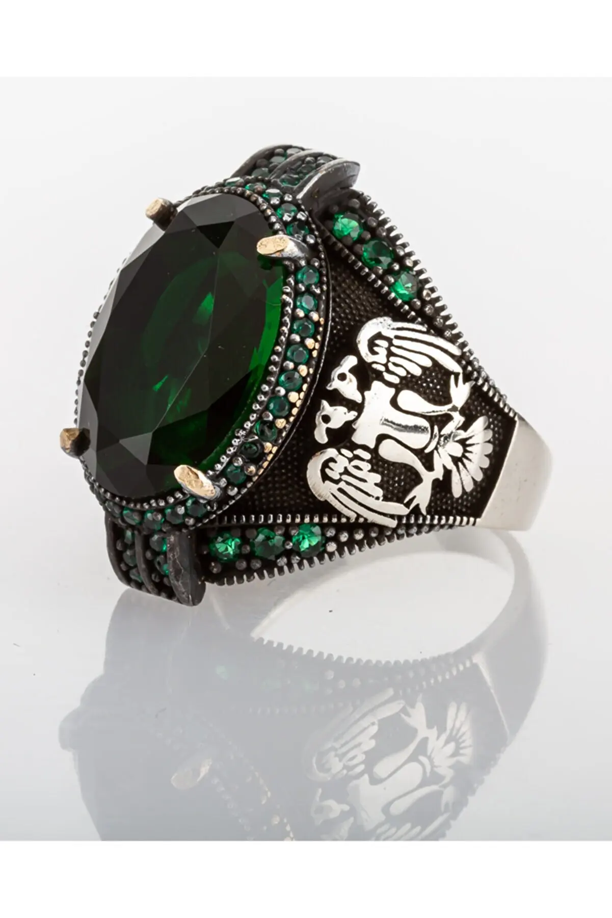 

Green Zircon Stone Double Eagle Design Ring for Men 925 Sterling Silver Collocation Fashion Vintage Antique Jewelry Gift For Him