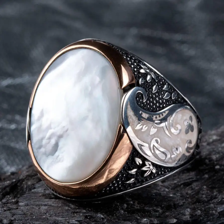 

Oval White Mother of Pearl Stone Symmetrically Designed Silver Ring Fashion Turkish Premium Quality Handmade Jawelery