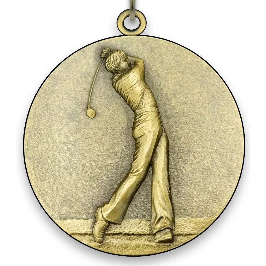 Large Metal Golf Male Medal - Gold - 6,4 cm - with Neck Ribbon size 2,2cm x 80 cm - Choice of Ribbon Colours.