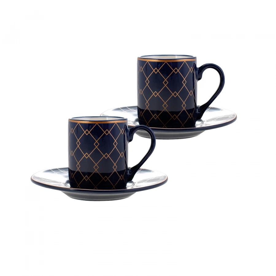 Jumbo Square Intersection Patterned Porcelain Turkish Coffee Cups Boxed Set with 2 Cups and 2 Saucers Tea Coffeeware Glass Mugs