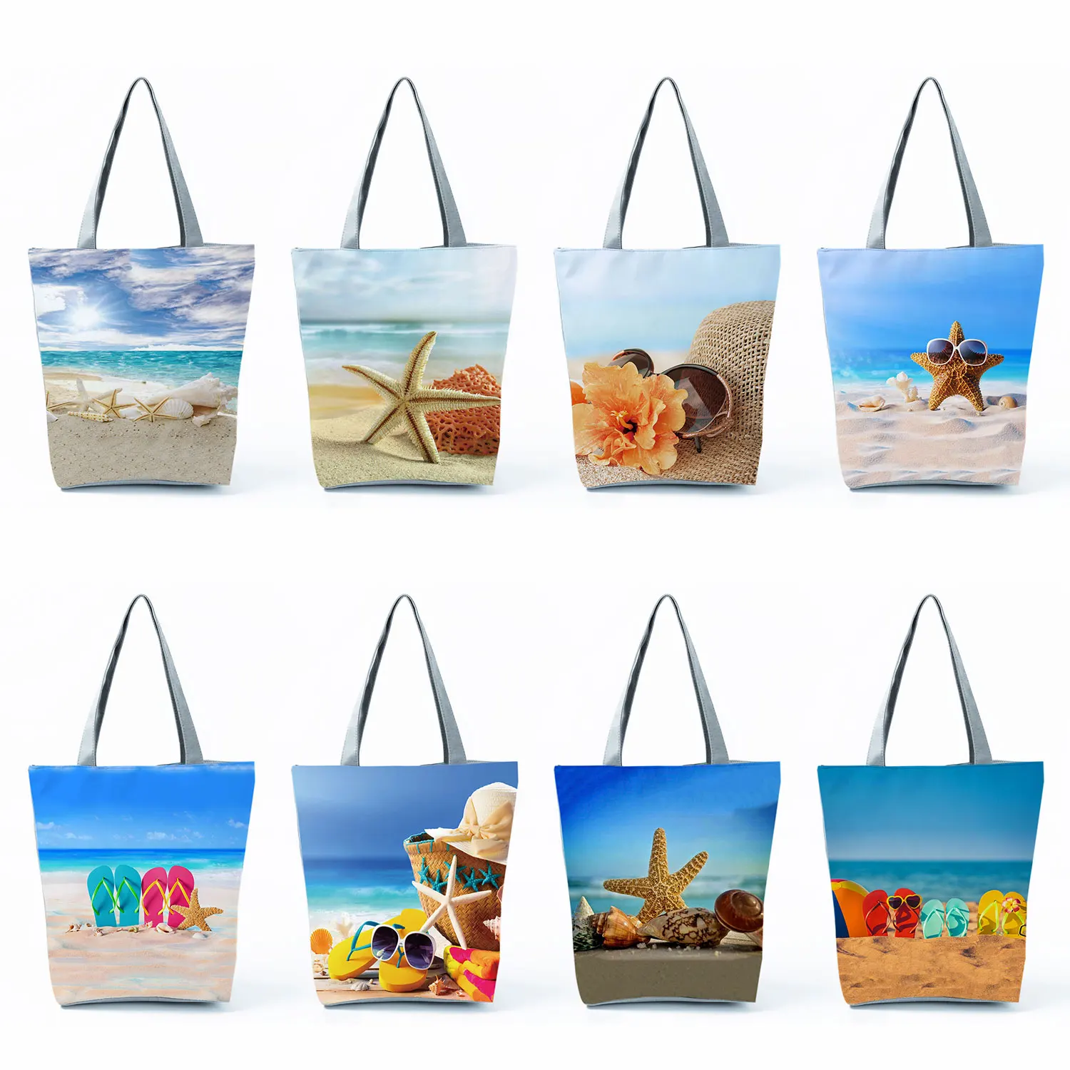 Ocean Shell Print Tote Bag Shoulder Bag Practical Casual Tote Foldable Reusable Shopping Bags High Capacity Portable Beach Bag