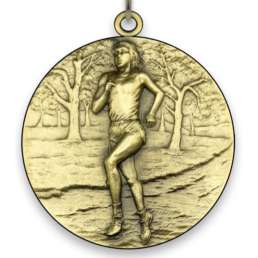 Large Metal Female Cross Country Medal - Gold - 6,4 cm - with Neck Ribbon 2,2cm x 80 cm - Choice of Ribbon Colours.