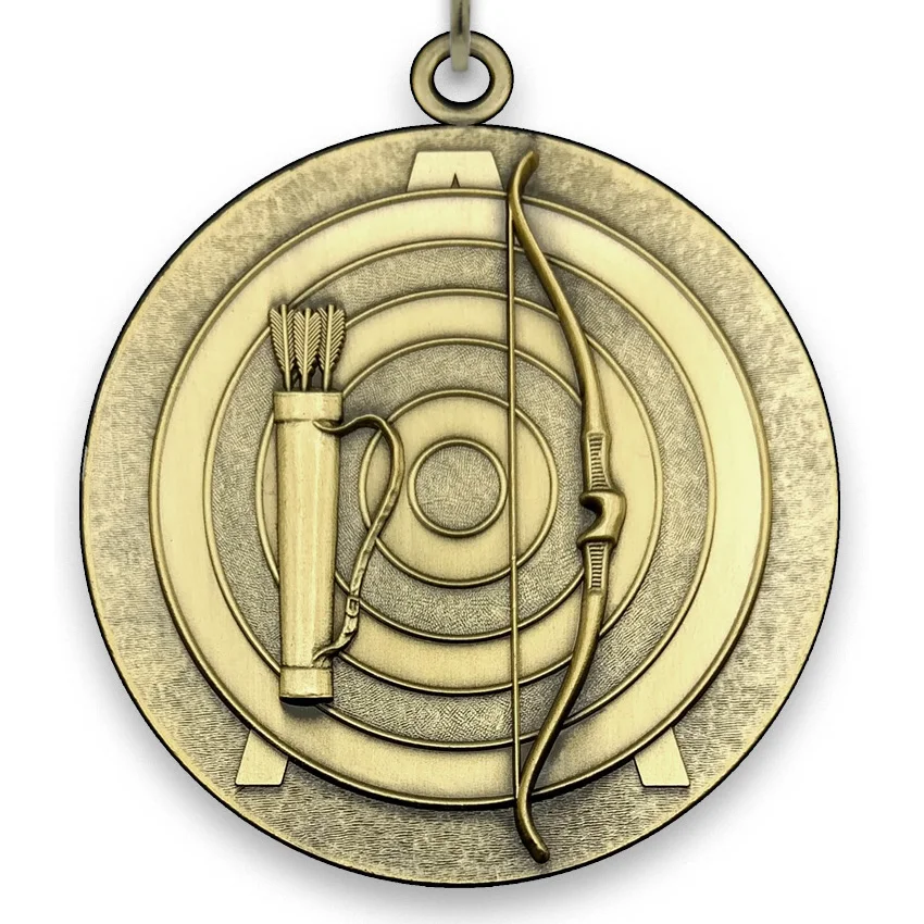 Large Metal Archery Medal - Gold - 6,4 cm - with Neck Ribbon size 2.2cm x 80cm - Choice of Ribbon Colours.