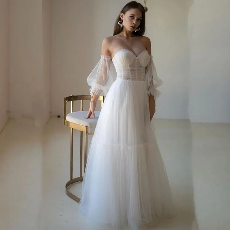 Sweetheart Wedding Dress Backless Tulle Organza Long Puff Sleeve White For Women Sexy Custom Civil Vintage Brides Floor