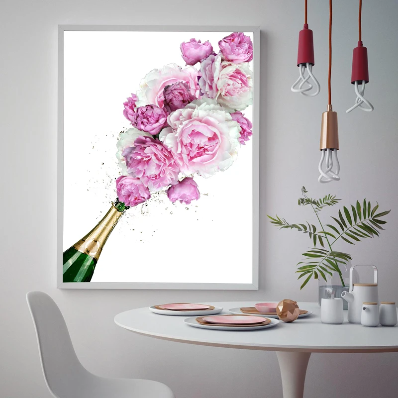 Champagne Bottle Watercolor Art Painting Kitchen Bar Wall Decor, Fashion Pink Champagne Alcohol Poster Canvas Print Wall Picture