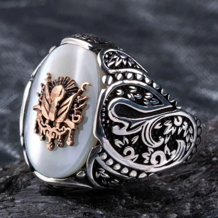 Ottoman Coat of Arms Mother of White Pearl Stone Silver Ring Fashion Turkish Premium Quality Handmade Jawelery