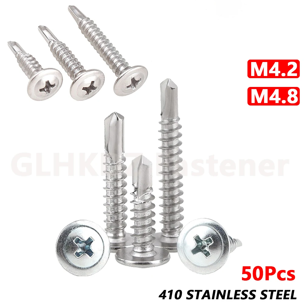 50pcs M4.2 M4.8 Wafer Head Self Drilling Screws TEK Phillips Drive Cross Recessed Window Screws 13mm to 50mm 410 Stainless Steel