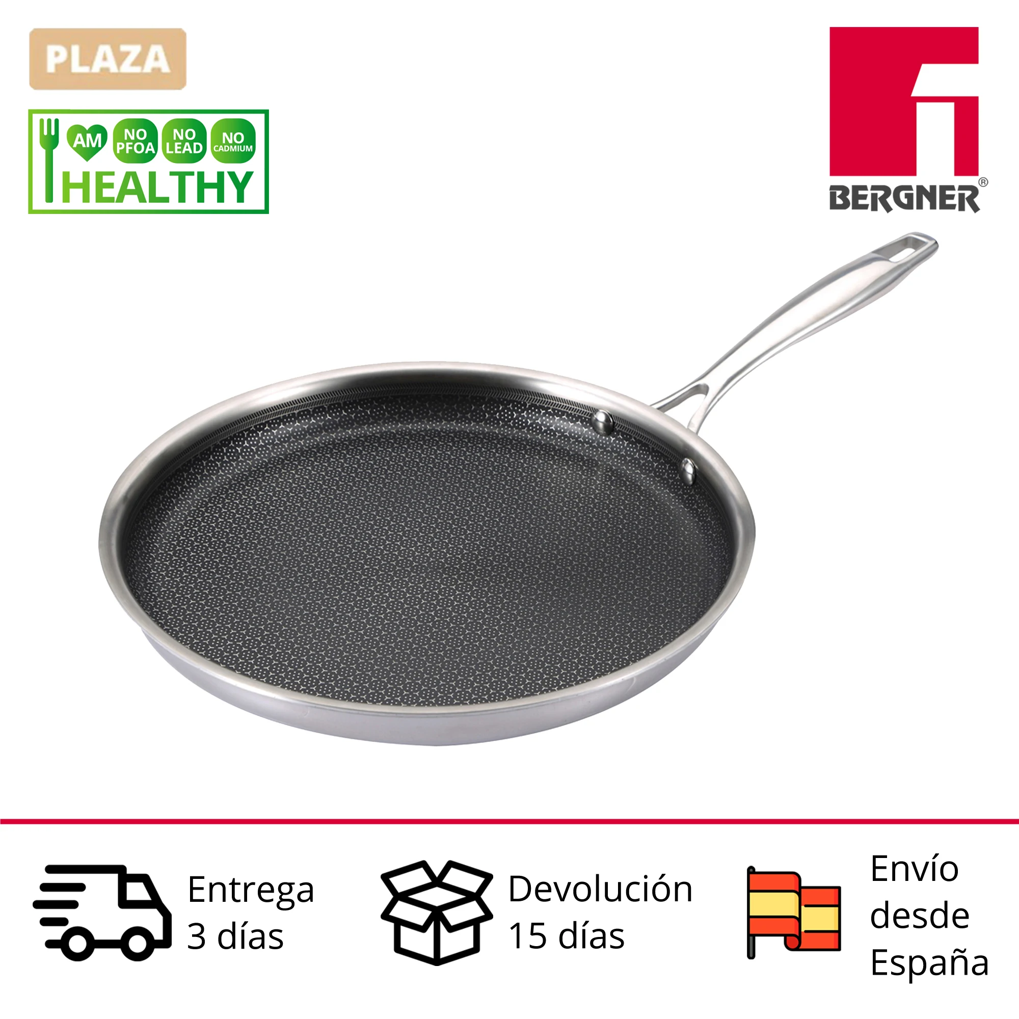 BERGNER Hi Tech3 pancake pan 28cm in stainless steel and suitable for induction.