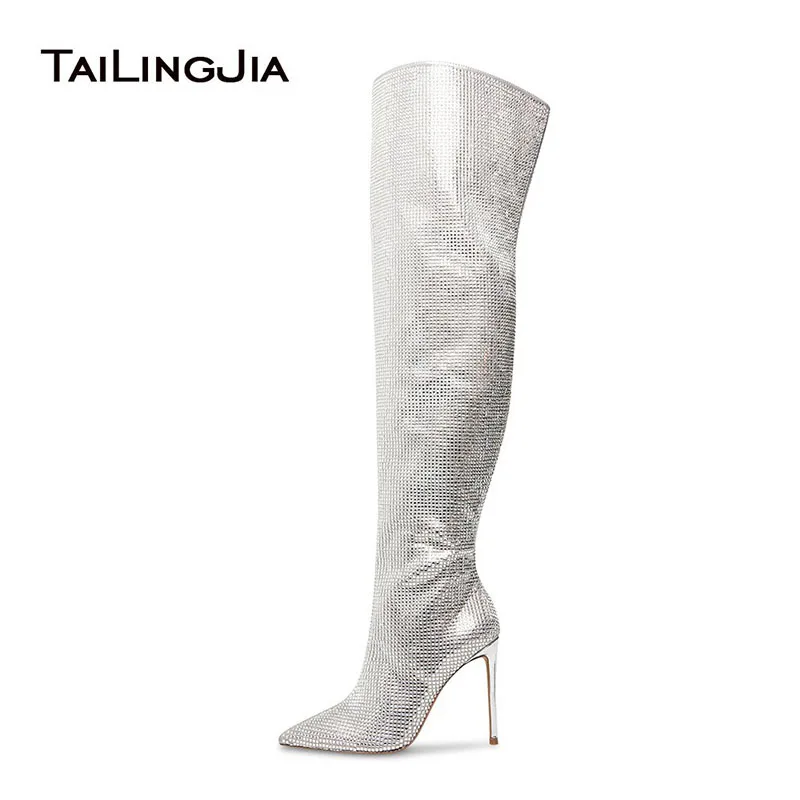 Tailingjia Luxury Ladies Stiletto High Heel Winter Shoes 2021 Pointed Toe Sparkling Gorgeous Rheinstone Womens Thigh High Boots