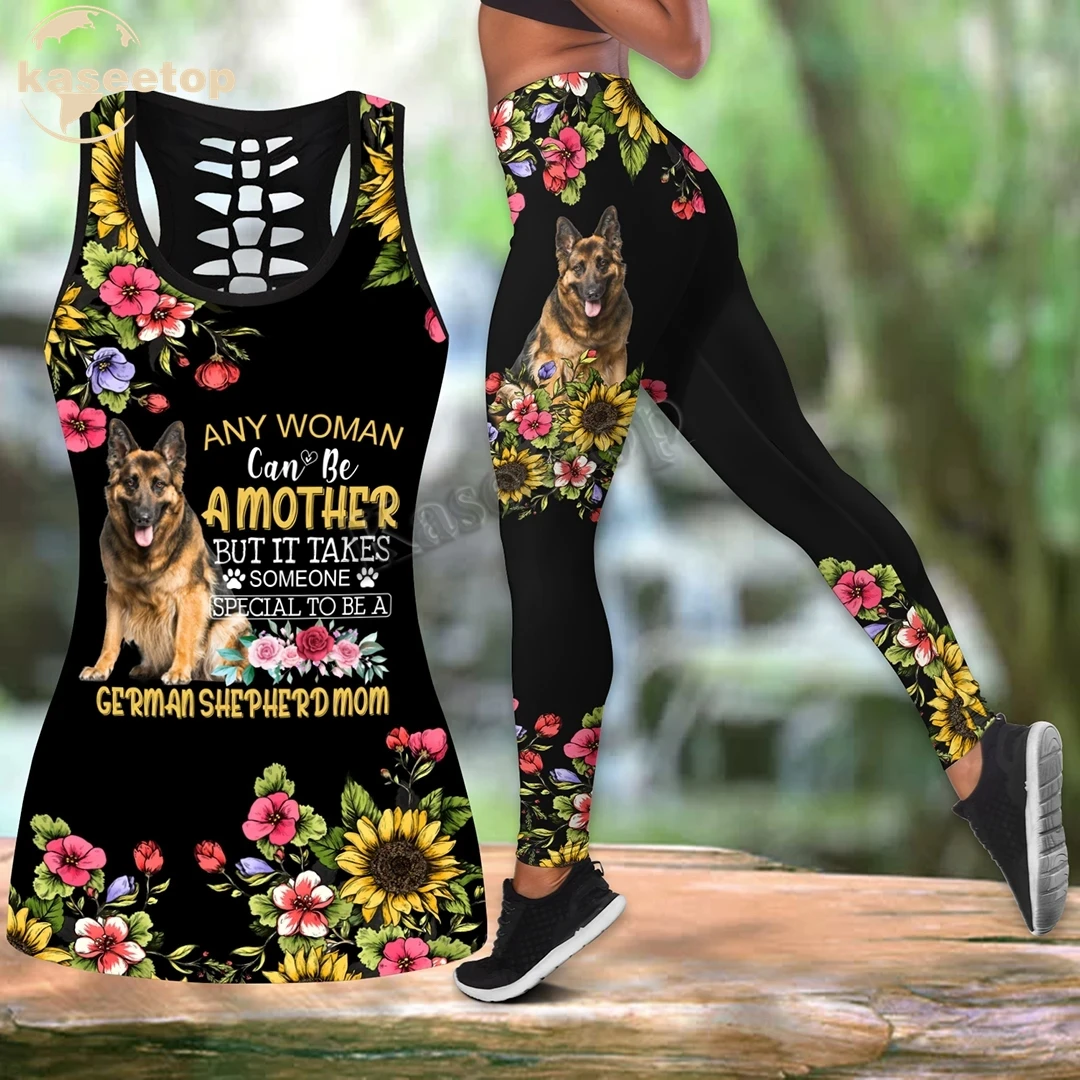 German Shepherd Flowers 3D Print Women Two Piece Yoga Set Vest Hollow Combo Tank Top Legging Waist Sport Fitness Quick Dry LK295