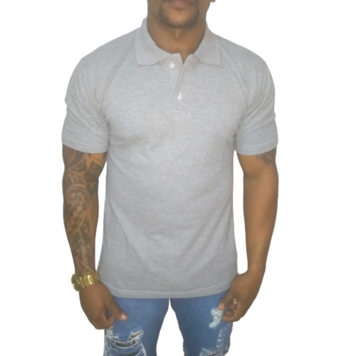 Camisa polo Mescla Cinza masculina Logo Algodão Original Plus Size Premium Elastano Logo