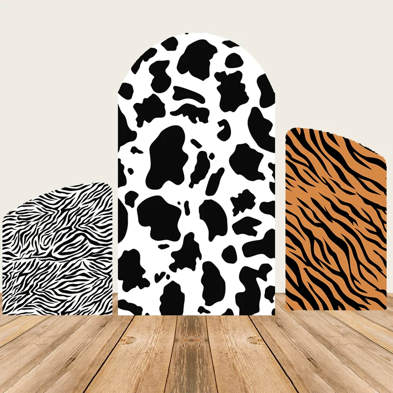 غطاء خلفية جدار مقوس بنمط جلد حيوانات الغابة لتزيين الحفلات وخلفية استحمام الطفل وطباعة مزدوجة من البوليستر المرن