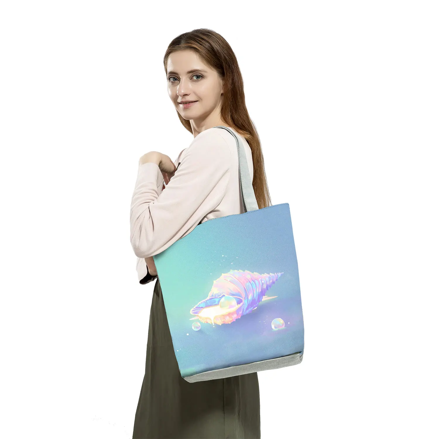 Customized Cartoon Shell Starfish Women\'s Beach Shoulder Bags Casual High Capacity Foldable Handbags Eco Reusable Shopping Tote