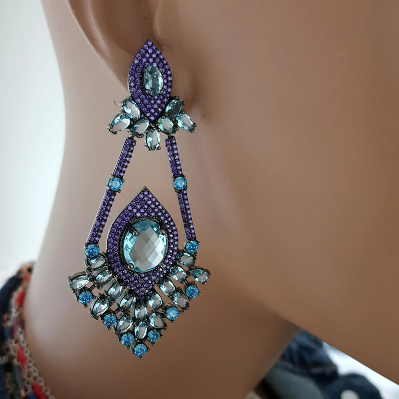 925 Sterling Silver Blue and Purple Stone Statement Long Big Boho Cute Dangle Stud Earrings серьги с камнями 925