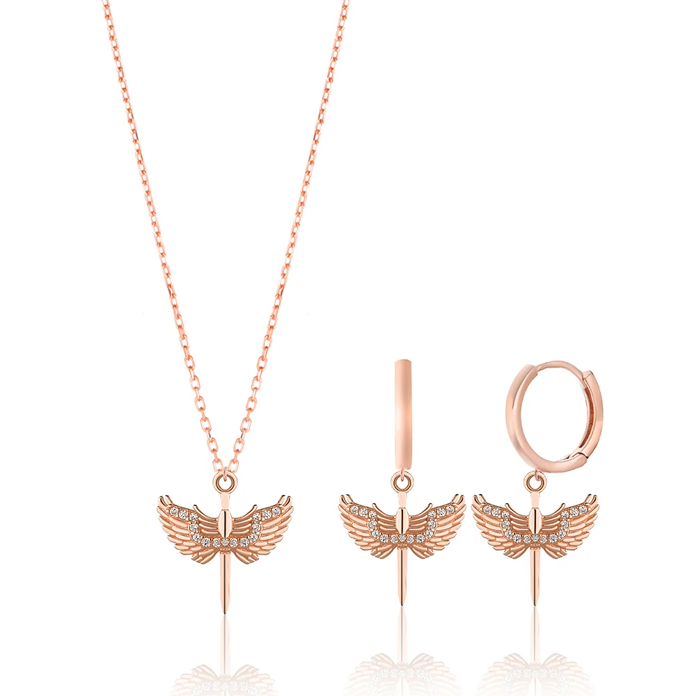 Elegant Rose Gold Plated Michael Angel Set 925 Sterling Silver Jewelry Necklace and Earrings Jewelry Set with Zircon