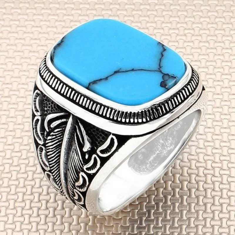 

SILVERFONI Real 925 Sterling Silver Ring For Men Stylish Jewelry Fashion Turquoise Stone Gift Male Accessories All Size 2021