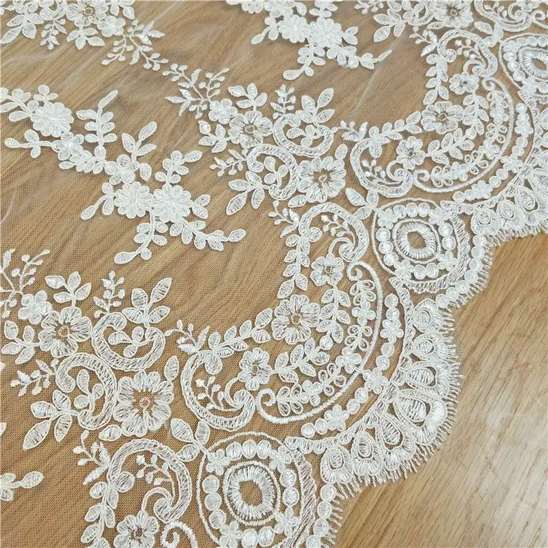 

Alencon Lace Table Runner, Floral Embroidery Fabric, Ivory Lace Tablecloth, Wedding Table Decor, Bridal Shawl