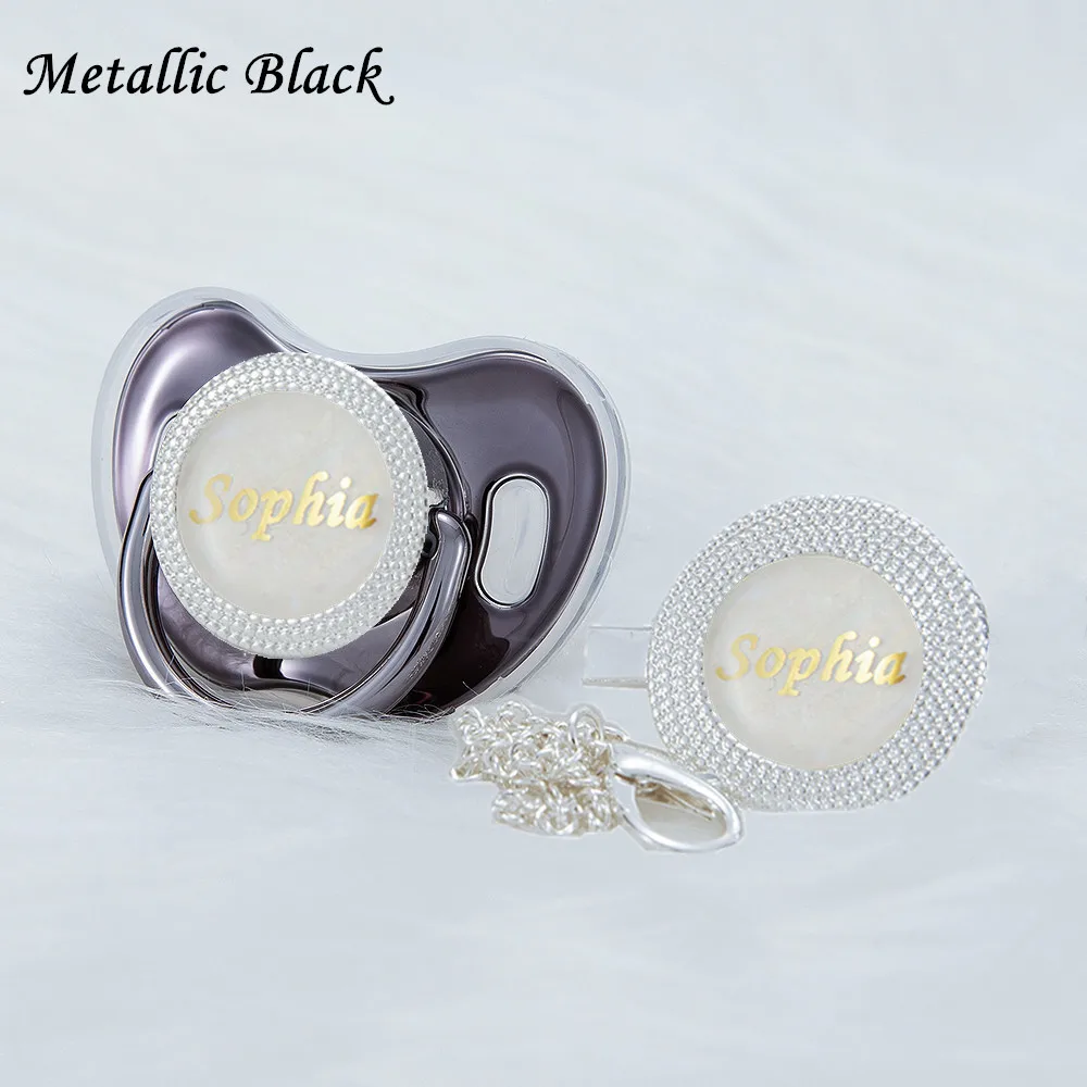 MIYOCAR Metallic black personalized bling pacifier and pacifier clip set BPA free dummy bling unique gift baby shower