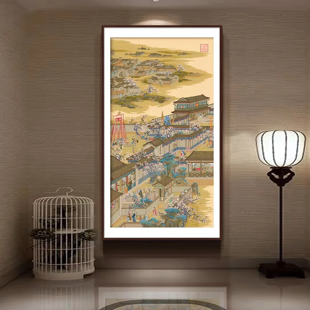 Classic Traditional Chinese Painting Qing Dynasty Prosperous Picture Stamped Cross Stitch Kit， 29.5