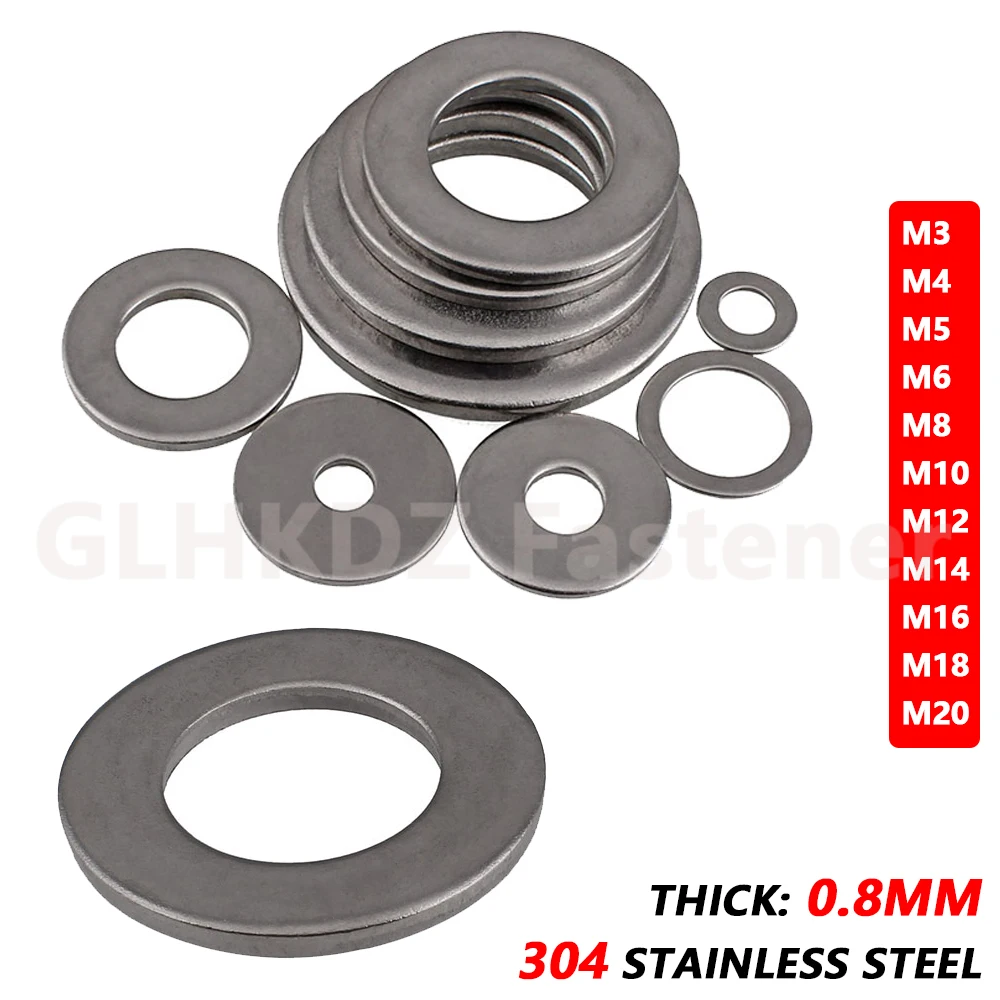 

5-100pc Thick 0.8mm Flat Plain Washers Gasket Meson 304 A2 Stainless Steel for M3 M4 M5 M6 M8 M10 M12 M14 M16 M18 M20 Screw Bolt