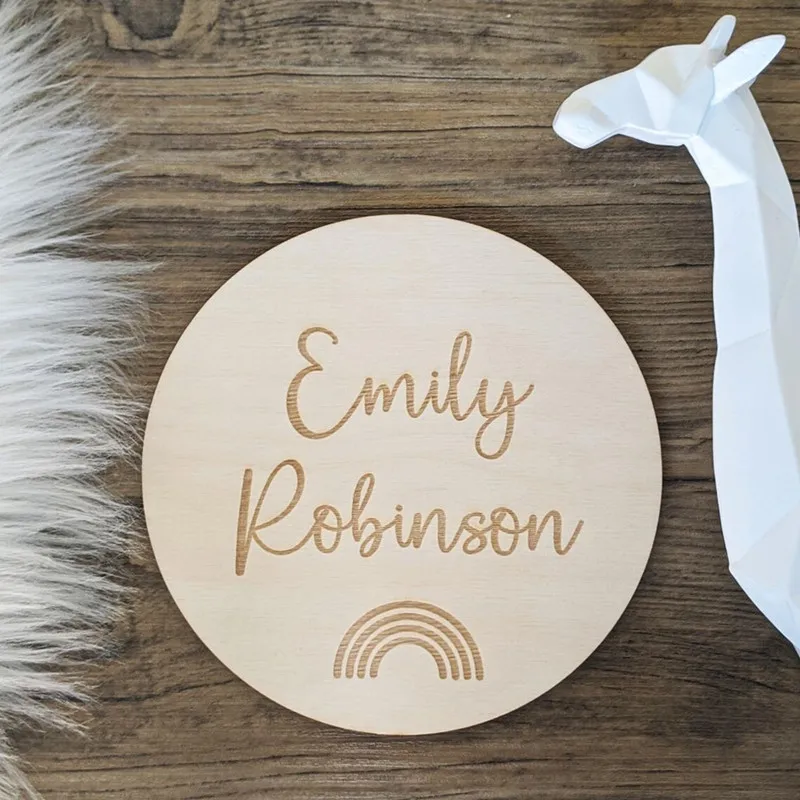 

Engraved wood Nursery name sign Customize rainbow Birth Announcement plaque Baby room wall art Milestone cards Baby keepsake