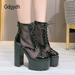 Gdgydh Womens Mesh Breathable High Heel Platform Boots Lace Up and Zipper Sexy Modern Motorcycle Boots Block Heels Punk Style