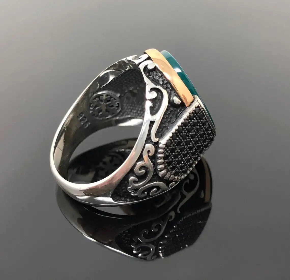 Elegante Ring In 925 Sterling Zilver Groen Agaat En Side Black Micro Zirkoon Steen Trendy Gift Formen Ringen Fijne Sieraden