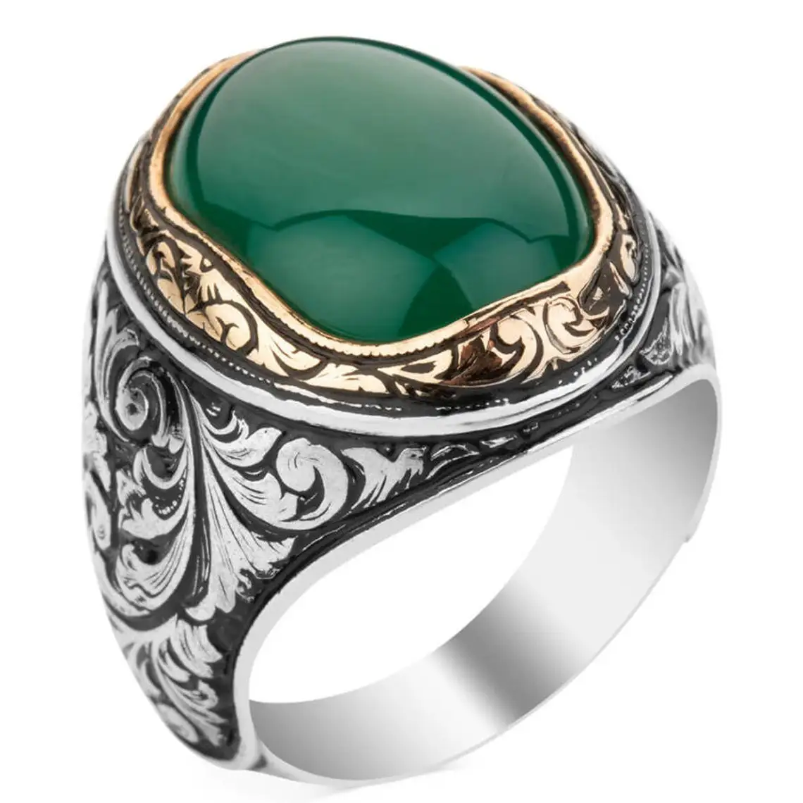 Elegant Business Ring in 925 Sterling Silver Green Agate Stone Authentic Vintage Handcarved Ottoman Model Jewelery Gift For Him