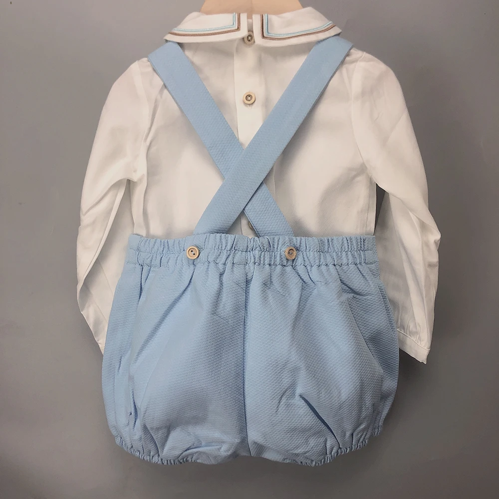 2Pcs Children Boutique Clothing Baby Boy Blue Set Cotton Long Sleeves Shirt And Straps Shorts Baptism Set Eid Clothes FD82203910