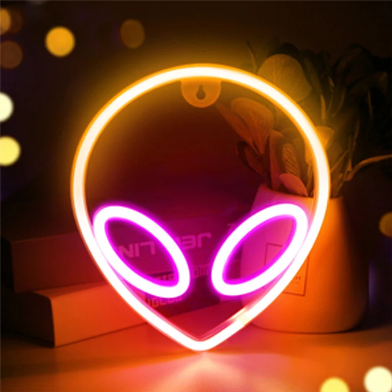 Neon Sign Alien Face Shaped Wall Hanging Lights for Home Children's Room Saucer Man Night Lamps Xmas Party Holiday Art Decor