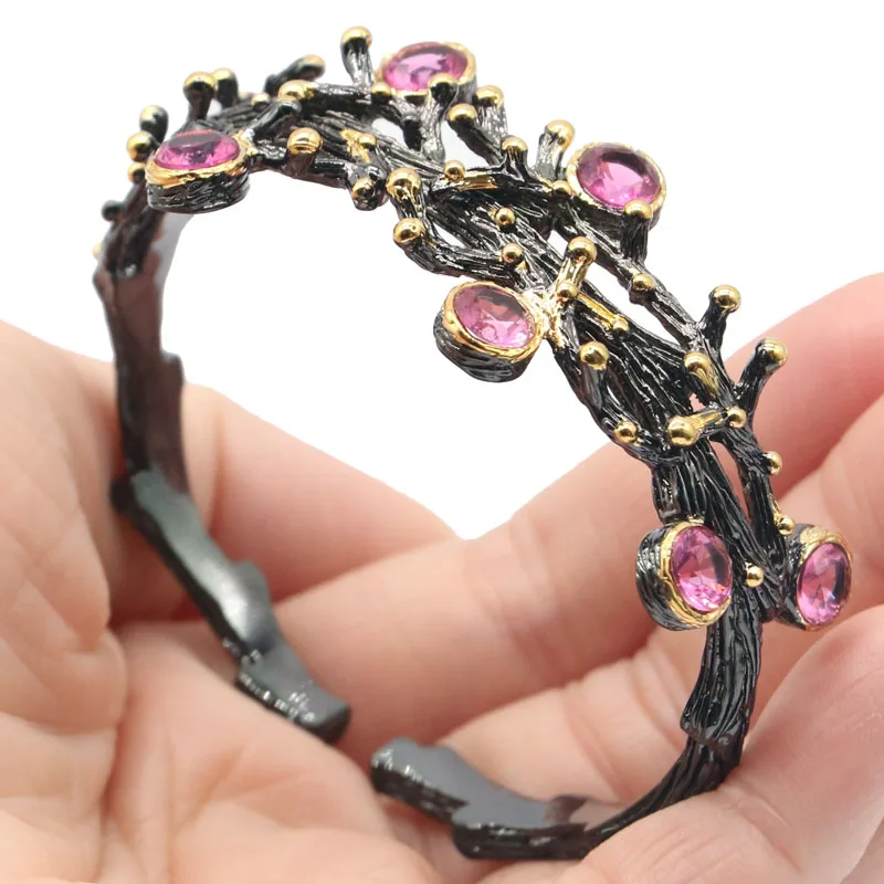 63x27mm Unique 31g Gothic For Women Cuff Bangle Bracelet Created Tourmaline Violet Tananite Morganite Cool Black Metal Hiphop