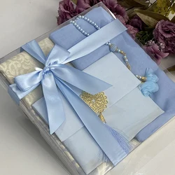 Islamic Blue Velvet Yaseen Tasbeeh Gift Set Arabic Quran Favors Ameen Wedding Gifts Tasbeeh Prayer Mat Shawl Eid Ramadan Mubarak