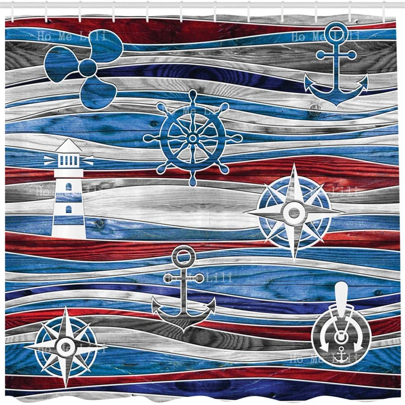 Anchor Shower Curtain Boat Lighthouse Steering Wheel Of Ship Compass And Waves Cloth Fabric Bathroom Decor With Hooks