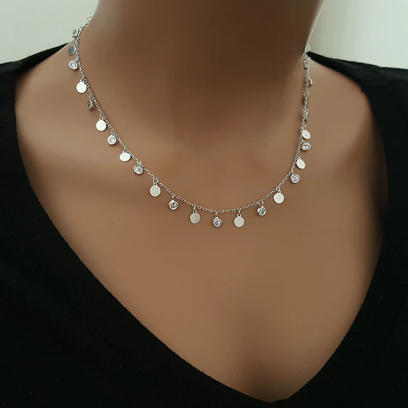 925 Silver Minimalist Disc Cz Diamond Necklace Choker Dainty Necklace