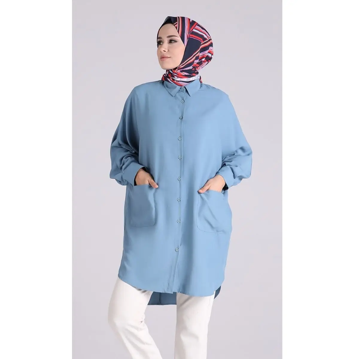 Pocketed Viscose Tunic Plain Pocket Button Unlined Bat Sleeve shirt collar Seasonal  Hijab  Women Muslim Clothing Casual Fashion