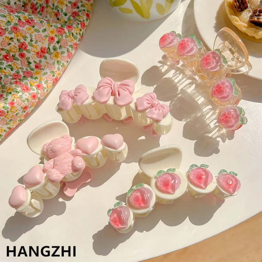 HANGZHI New Pink Peach Hair Clip Vintage Cute Bow Tie Shark Hair Claws Bear Heart Hair Claw For Women Party Head Accessories