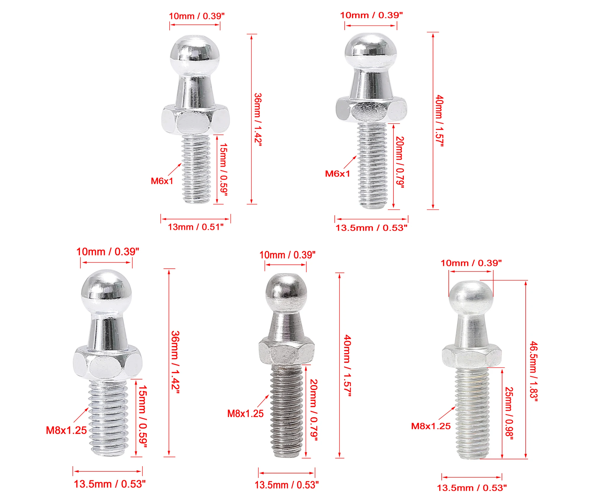 X Autohaux 10mm M8x15mm M8x20mm M8x25mm M6x15mm M6x20mm Car Gas Strut Ball Studs Silver Tone for Gas Struts Shocks 2 Sets 4 Sets