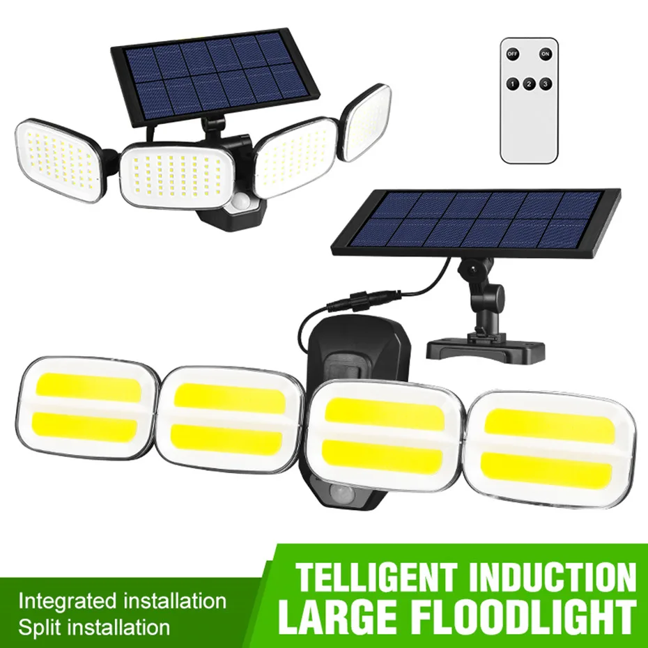 

240 COB Solar LED Light Outdoor 4 Head Motion Senor Powered Lamp 360 Adjustable Remote Control Wall Lamp for Garden Street Yard