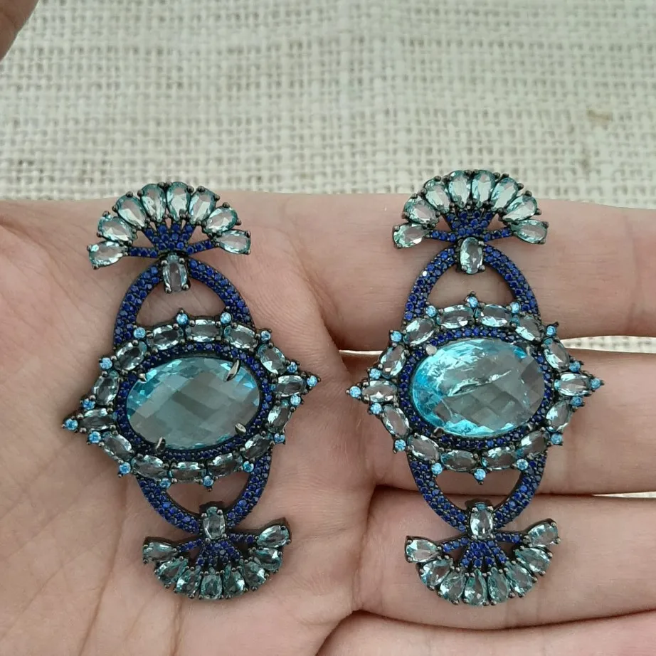 925 Sterling Silver Earrings Blue Stone Statement Long Big Boho Cute Dangle Stud Earrings серьги с камнями 925