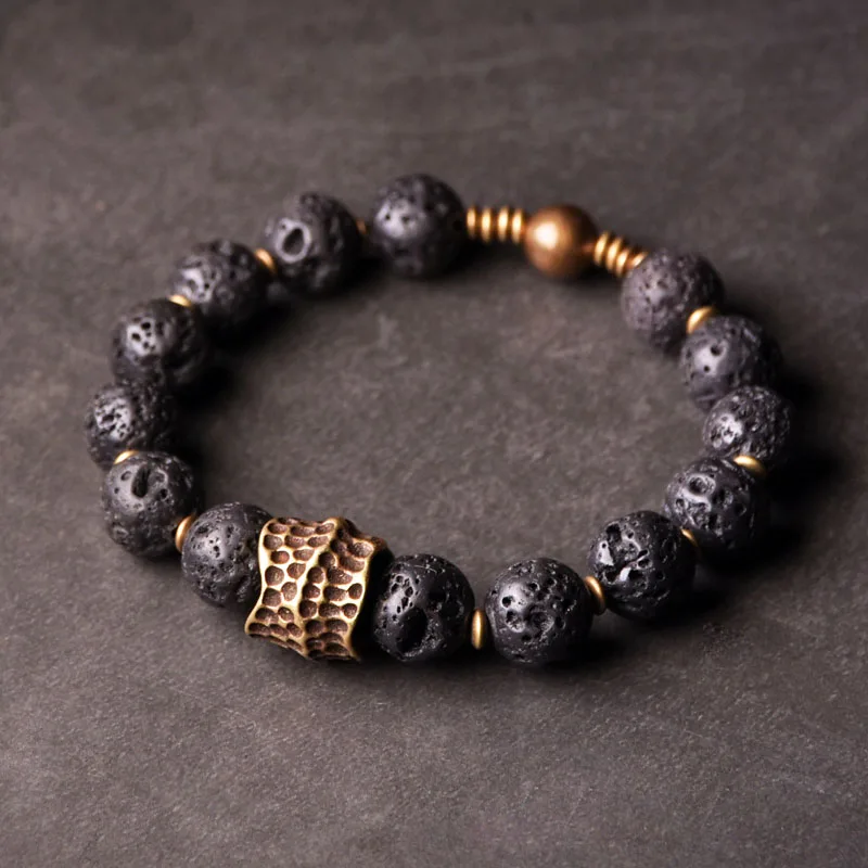 Artificial Brass Charm Bead Lava Rock Stone Bracelet Punk Minimalist Hand Forged Rugged Wrist Jewelry For Men Women