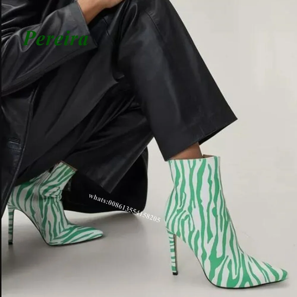 Zebra Print Stiletto Ankle Boots Green Spring Women's Shoes 2022 New Zip Pointed Toe Leather Short Boots Casual Stripe Size 46