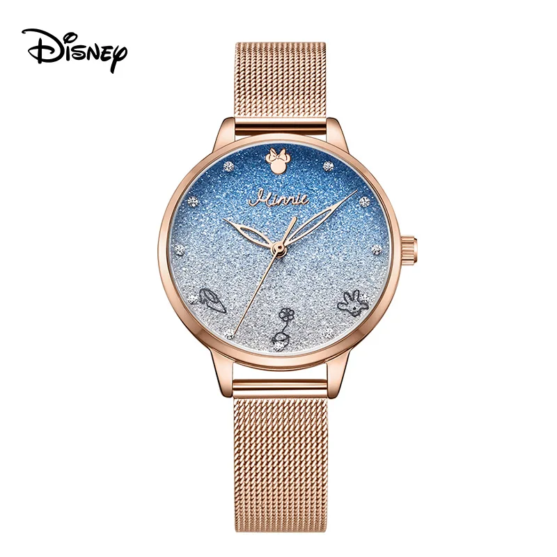 Disney Official Women Casual Quartz Wristwatches Minnie Mouse Cartoon Wishing Bottle Rhinstone Fashion Gradient Girls Gift Clock