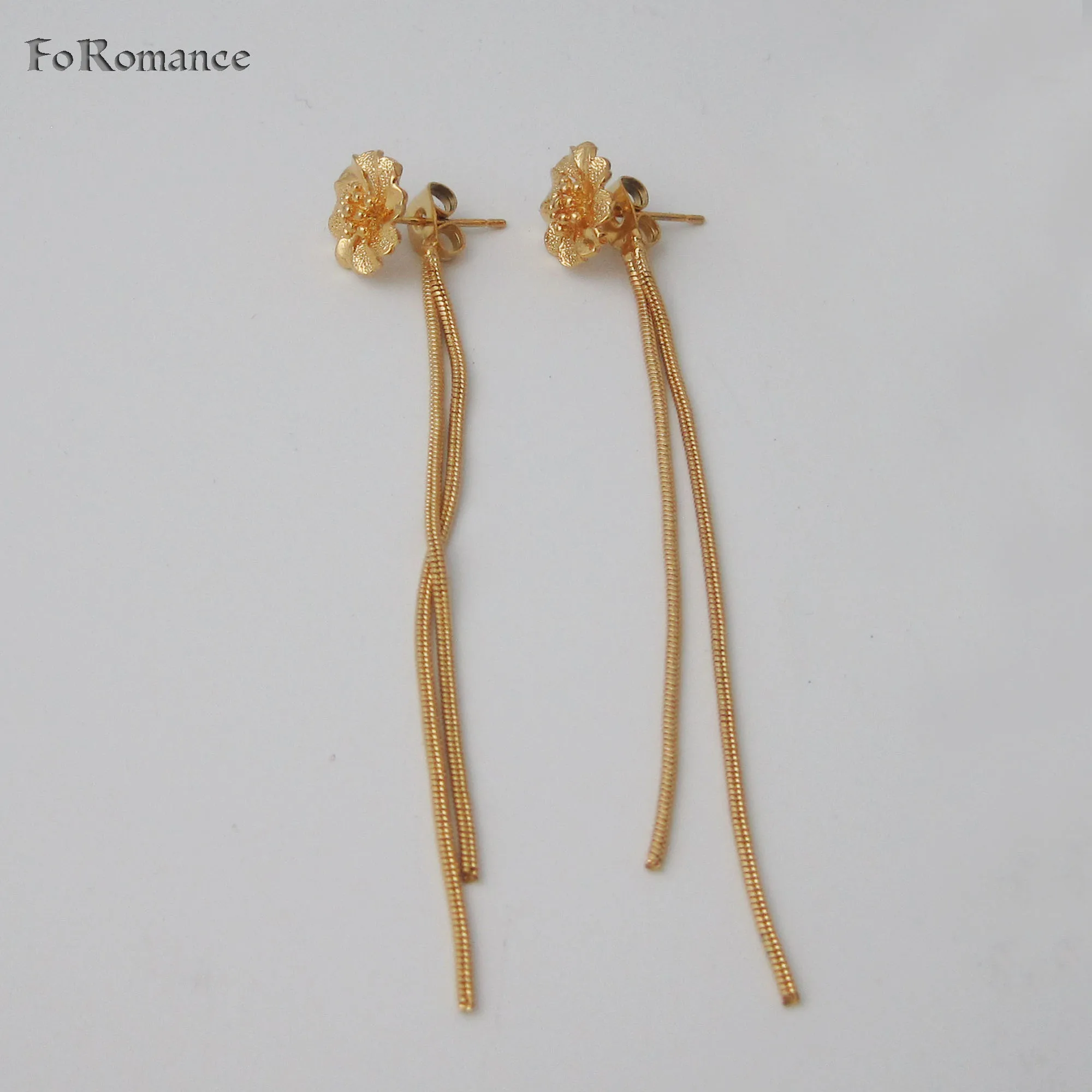 YELLOW GOLD PLATED STUD EARRING WITH A LONG BACK STOPPER TAIL 75MM 2.95 inch EARRING THREE STYLES AVAILABLE FLOWER HEART