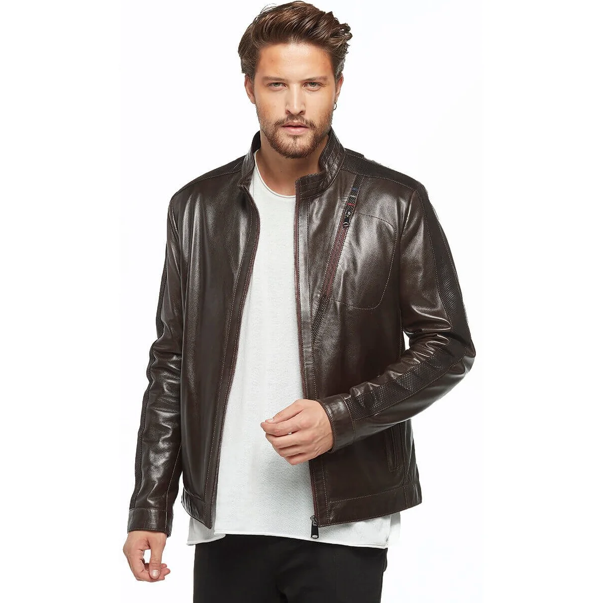 Renzo Coffee Antique Leather Coats Orjinal Lambskin Autumn Winter 2022 Biker Slim Large Size VintageTürkiye