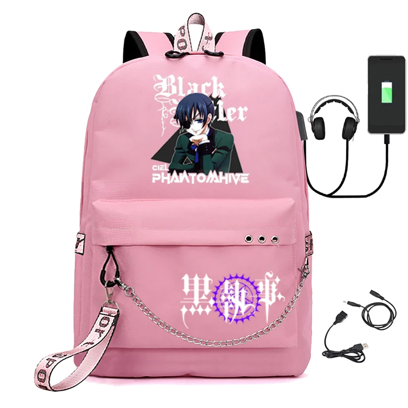 Black Butler School Bag Travel Laptop Chain Backpack Headphones USB Port Backpack